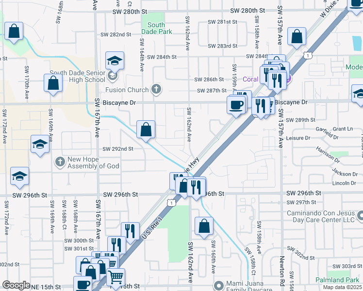 map of restaurants, bars, coffee shops, grocery stores, and more near 29200 Southwest 162nd Avenue in Homestead