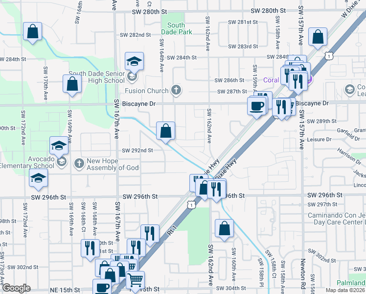 map of restaurants, bars, coffee shops, grocery stores, and more near 16321 Southwest 293rd Street in Homestead