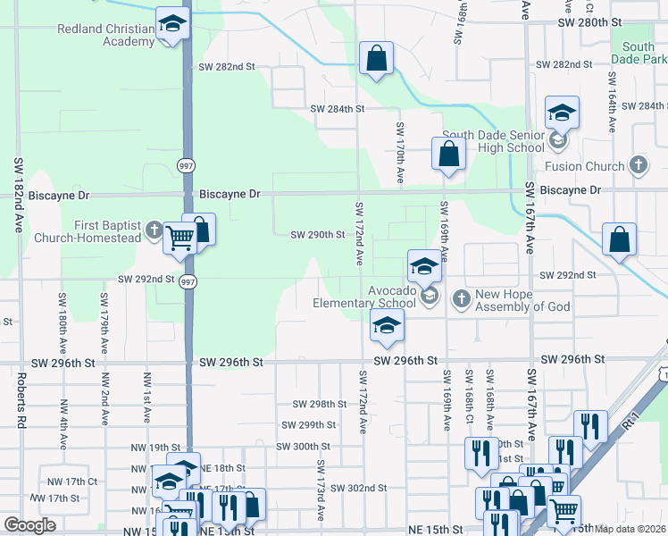 map of restaurants, bars, coffee shops, grocery stores, and more near 17295 Southwest 292nd Street in Homestead
