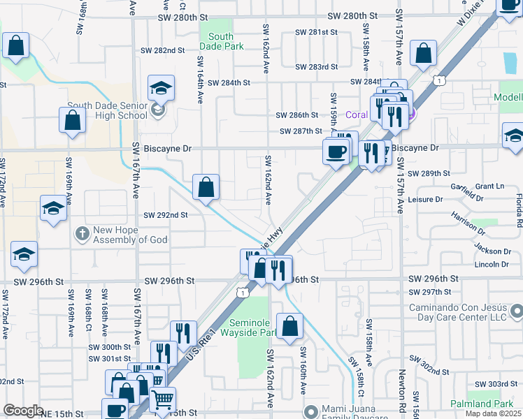 map of restaurants, bars, coffee shops, grocery stores, and more near 29200 Southwest 162nd Avenue in Homestead
