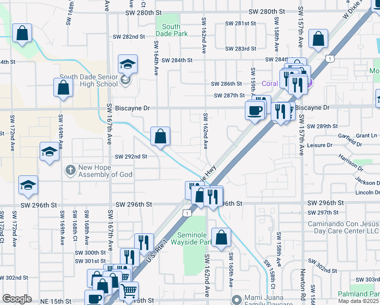 map of restaurants, bars, coffee shops, grocery stores, and more near 29200 Southwest 162nd Avenue in Homestead