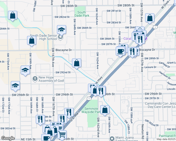 map of restaurants, bars, coffee shops, grocery stores, and more near 16321 Southwest 293rd Street in Homestead
