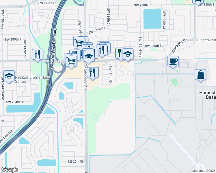 map of restaurants, bars, coffee shops, grocery stores, and more near 13446 South West 291st Lane in Homestead
