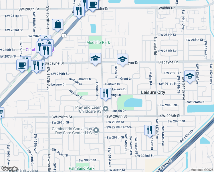 map of restaurants, bars, coffee shops, grocery stores, and more near 15105 Harding Lane in Homestead