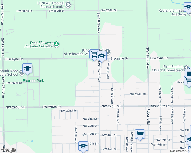 map of restaurants, bars, coffee shops, grocery stores, and more near 18712 Southwest 291st Terrace in Homestead