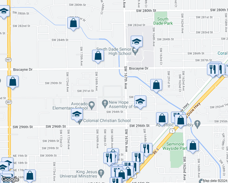 map of restaurants, bars, coffee shops, grocery stores, and more near 29150 Southwest 167th Avenue in Homestead