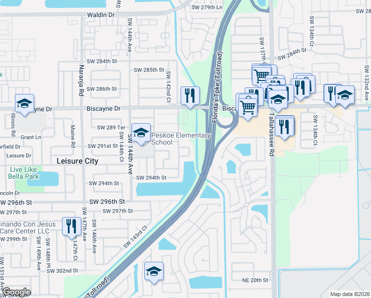 map of restaurants, bars, coffee shops, grocery stores, and more near 14131 Southwest 291st Terrace in Homestead