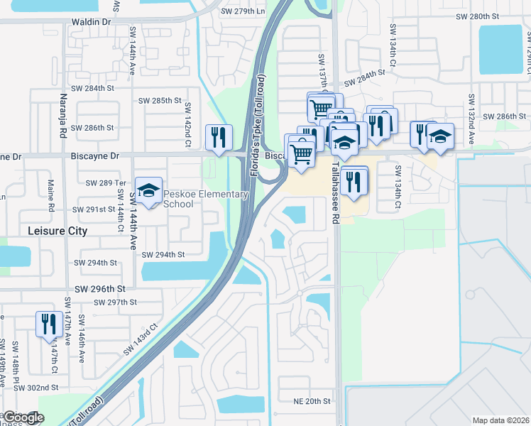 map of restaurants, bars, coffee shops, grocery stores, and more near 4135 Northeast 30th Street in Homestead