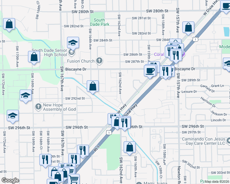 map of restaurants, bars, coffee shops, grocery stores, and more near 29100 Southwest 162nd Avenue in Homestead