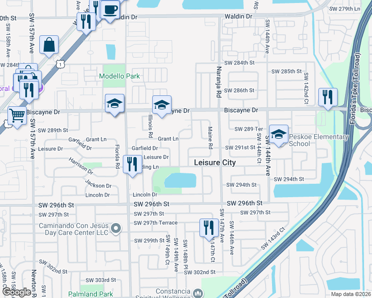 map of restaurants, bars, coffee shops, grocery stores, and more near 14840 Grant Lane in Homestead