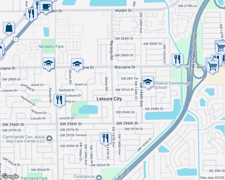 map of restaurants, bars, coffee shops, grocery stores, and more near 29021 Southwest 147th Avenue in Homestead
