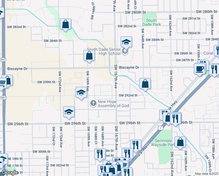map of restaurants, bars, coffee shops, grocery stores, and more near 29001 Southwest 167th Avenue in Homestead