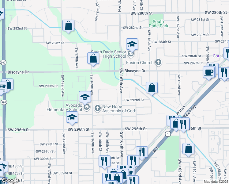 map of restaurants, bars, coffee shops, grocery stores, and more near 29001 Southwest 167th Avenue in Homestead