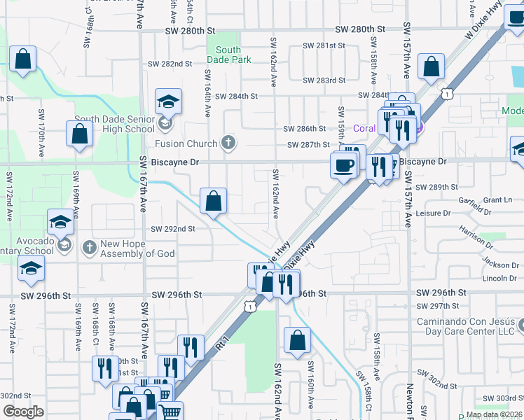 map of restaurants, bars, coffee shops, grocery stores, and more near 29100 Southwest 162nd Avenue in Homestead
