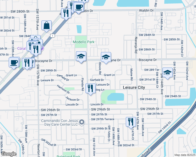 map of restaurants, bars, coffee shops, grocery stores, and more near 14960 Grant Lane in Homestead