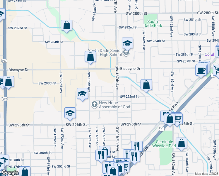 map of restaurants, bars, coffee shops, grocery stores, and more near 29150 Southwest 167th Avenue in Homestead