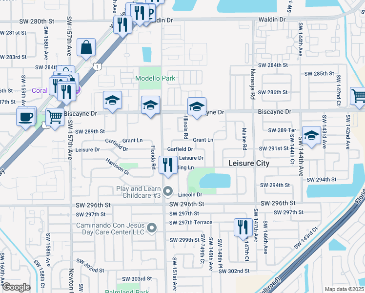 map of restaurants, bars, coffee shops, grocery stores, and more near 14960 Grant Lane in Homestead