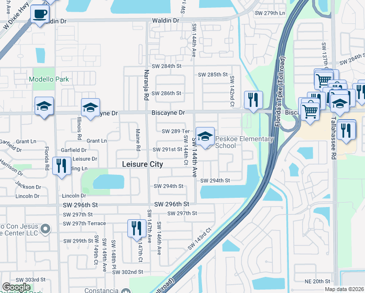 map of restaurants, bars, coffee shops, grocery stores, and more near 14440 Southwest 290th Terrace in Homestead