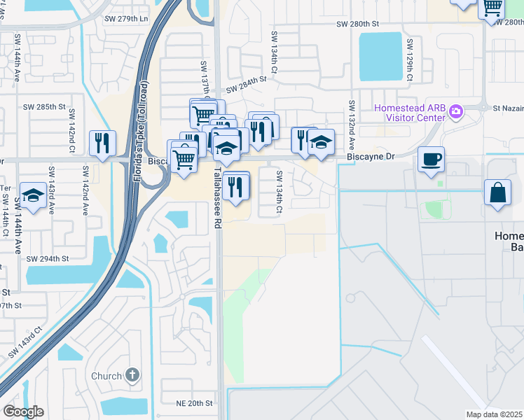 map of restaurants, bars, coffee shops, grocery stores, and more near 13448 Southwest 291st Street in Homestead