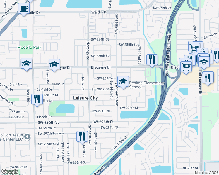 map of restaurants, bars, coffee shops, grocery stores, and more near 14440 Southwest 290th Terrace in Homestead