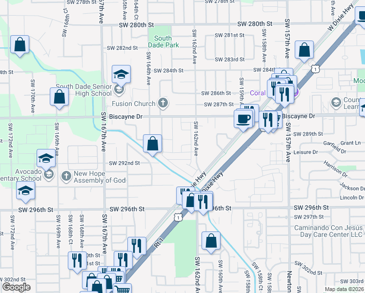 map of restaurants, bars, coffee shops, grocery stores, and more near 29100 Southwest 162nd Avenue in Homestead
