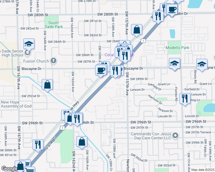 map of restaurants, bars, coffee shops, grocery stores, and more near 29003 South Dixie Highway in Homestead
