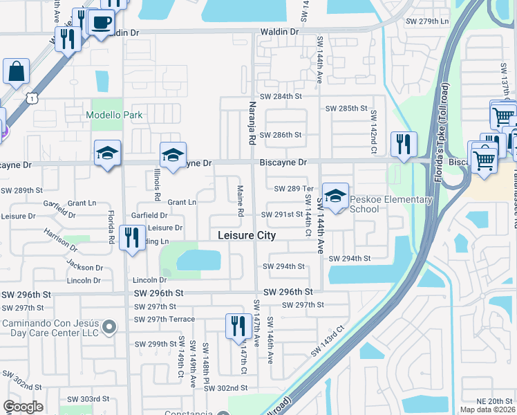 map of restaurants, bars, coffee shops, grocery stores, and more near 29021 Southwest 147th Avenue in Homestead