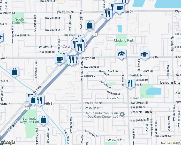 map of restaurants, bars, coffee shops, grocery stores, and more near 15530 Garfield Drive in Homestead