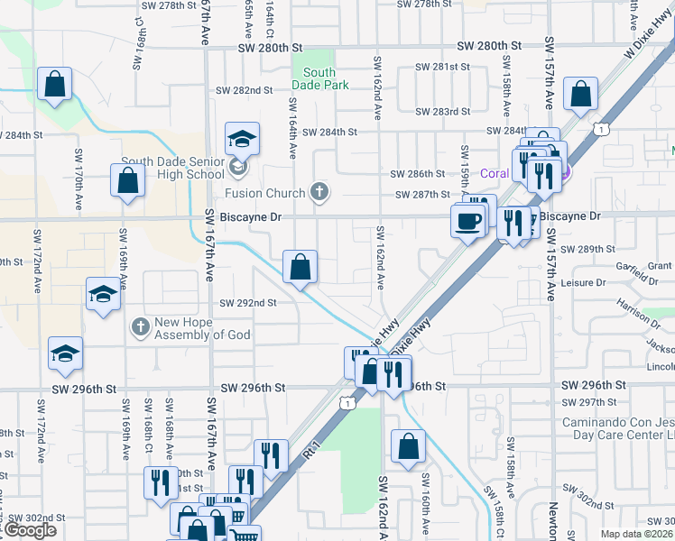 map of restaurants, bars, coffee shops, grocery stores, and more near 29025 Southwest 164th Avenue Road in Homestead
