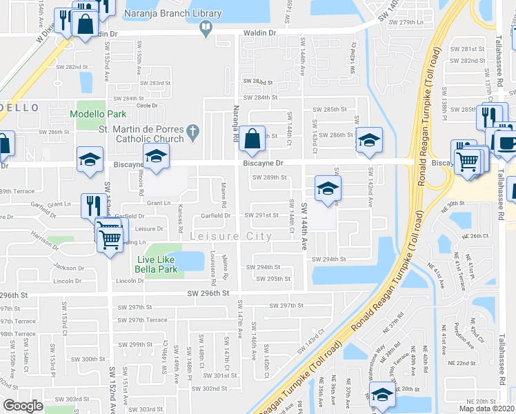 map of restaurants, bars, coffee shops, grocery stores, and more near 14510 Southwest 290th Terrace in Homestead
