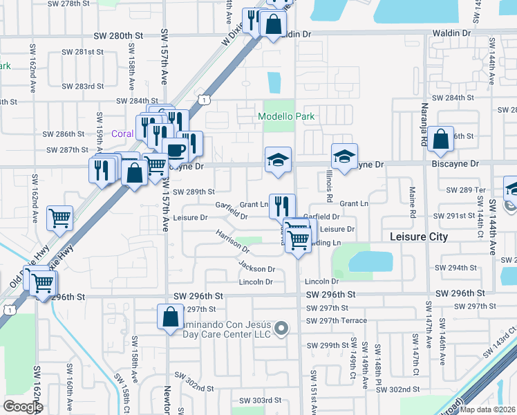 map of restaurants, bars, coffee shops, grocery stores, and more near 15300 Grant Lane in Homestead