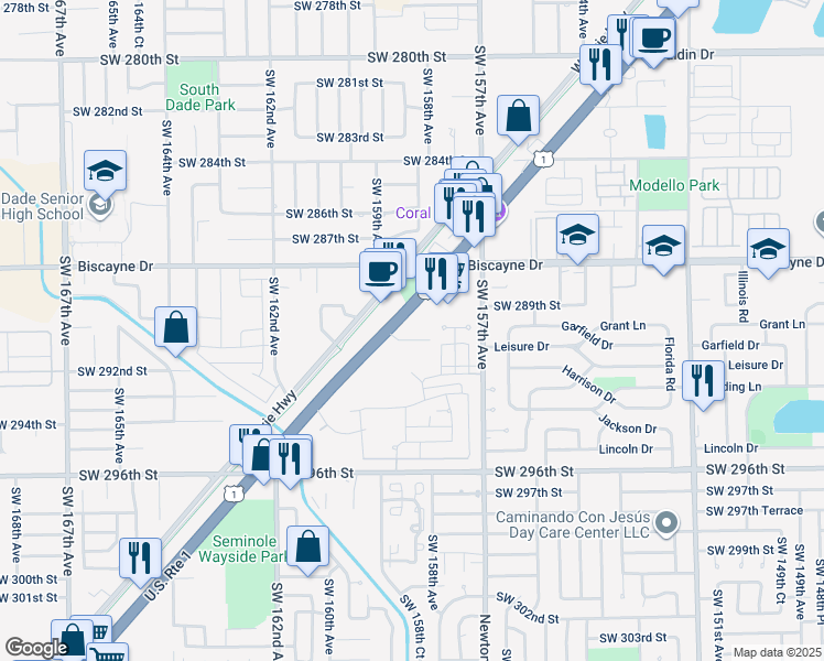 map of restaurants, bars, coffee shops, grocery stores, and more near 29003 South Dixie Highway in Homestead