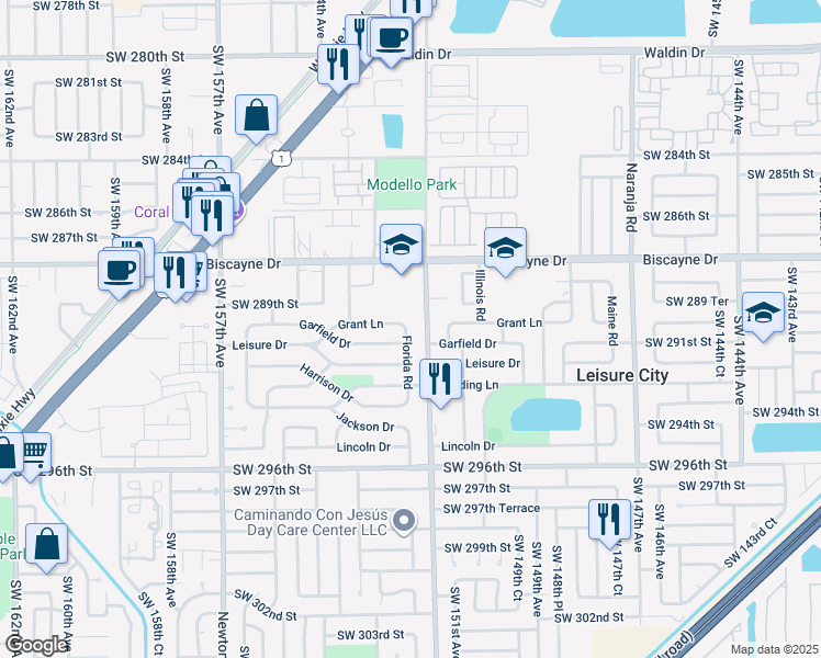 map of restaurants, bars, coffee shops, grocery stores, and more near 29035 Florida Road in Homestead
