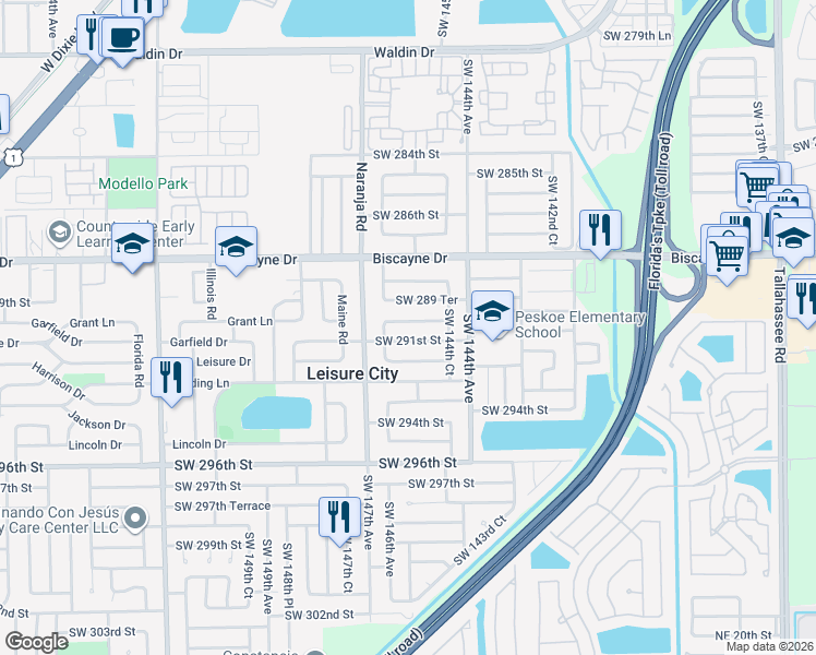 map of restaurants, bars, coffee shops, grocery stores, and more near 14510 Southwest 290th Terrace in Homestead