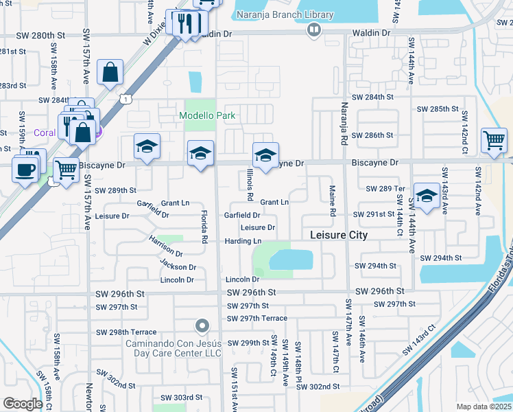 map of restaurants, bars, coffee shops, grocery stores, and more near 14960 Grant Lane in Homestead