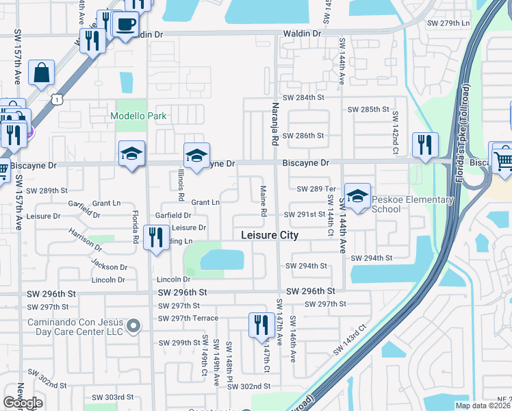 map of restaurants, bars, coffee shops, grocery stores, and more near 14760 Grant Lane in Homestead