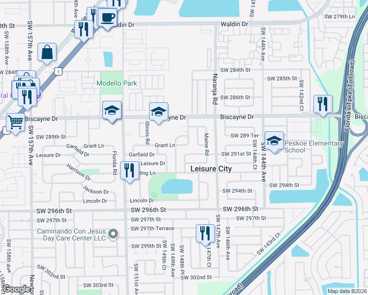 map of restaurants, bars, coffee shops, grocery stores, and more near 14840 Grant Lane in Homestead
