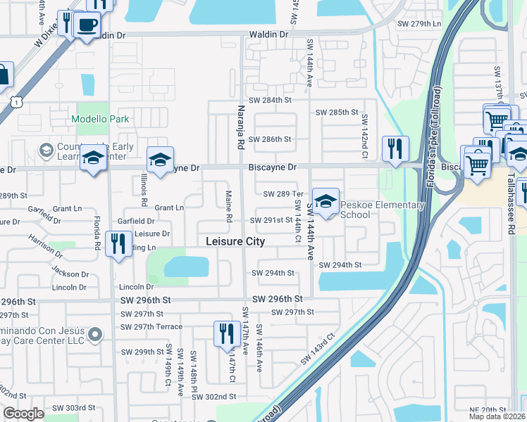 map of restaurants, bars, coffee shops, grocery stores, and more near 14510 Southwest 290th Terrace in Homestead