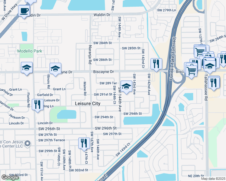 map of restaurants, bars, coffee shops, grocery stores, and more near 14440 Southwest 290th Terrace in Homestead