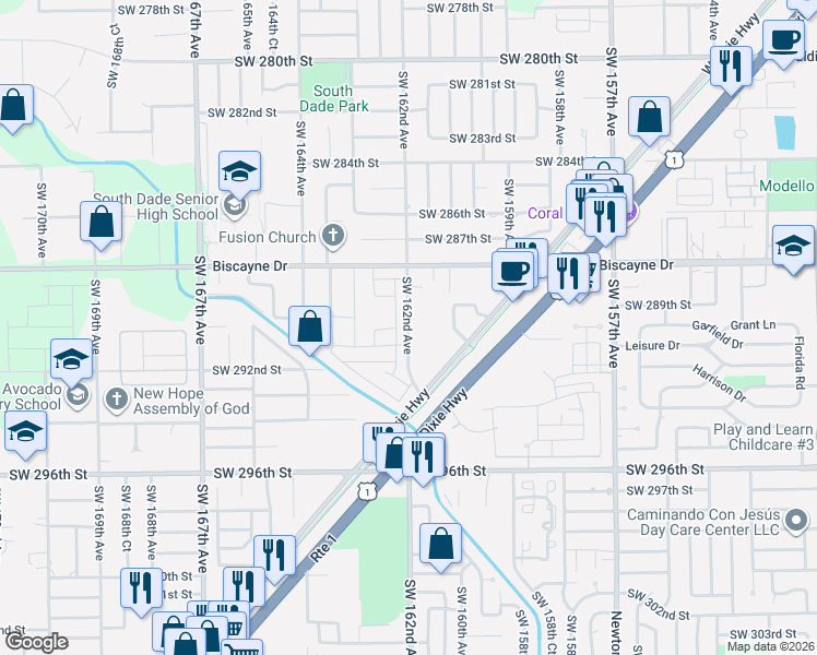 map of restaurants, bars, coffee shops, grocery stores, and more near 29055 Southwest 162nd Avenue in Homestead