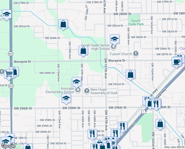 map of restaurants, bars, coffee shops, grocery stores, and more near 29150 Southwest 167th Avenue in Homestead