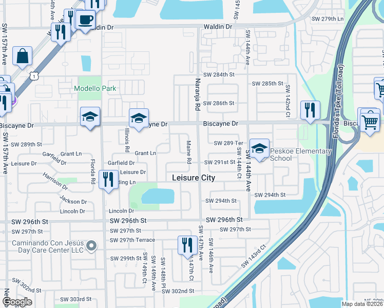 map of restaurants, bars, coffee shops, grocery stores, and more near 14760 Grant Lane in Homestead