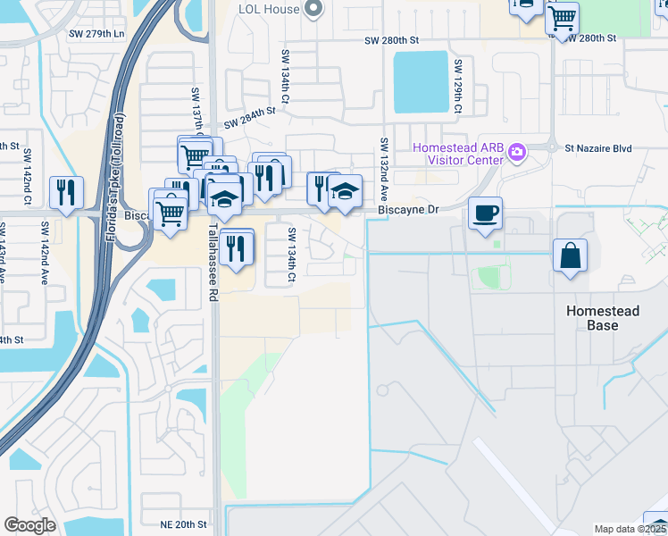 map of restaurants, bars, coffee shops, grocery stores, and more near 13248 Old Biscayne Drive in Homestead