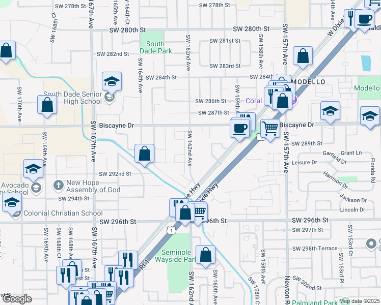 map of restaurants, bars, coffee shops, grocery stores, and more near 29055 Southwest 162nd Avenue in Homestead