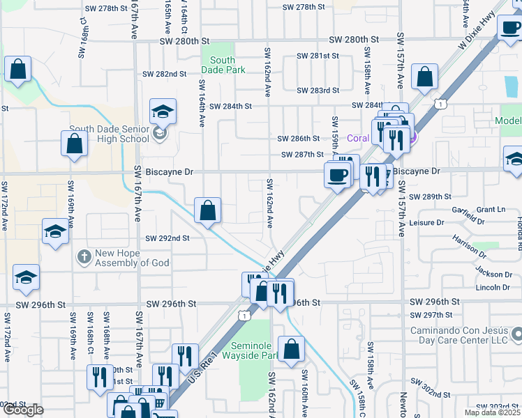 map of restaurants, bars, coffee shops, grocery stores, and more near 29100 Southwest 162nd Avenue in Homestead