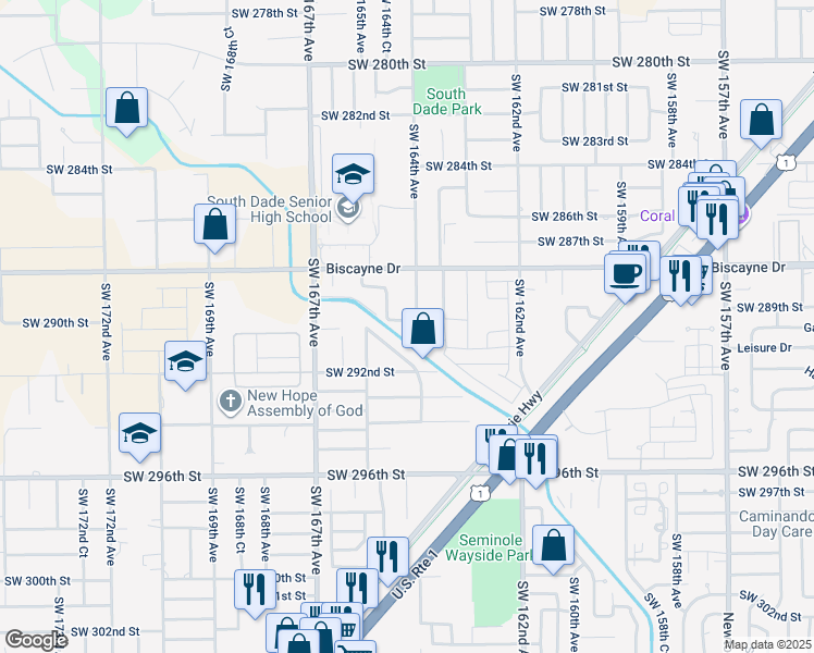 map of restaurants, bars, coffee shops, grocery stores, and more near 28951 Southwest 164th Avenue in Homestead