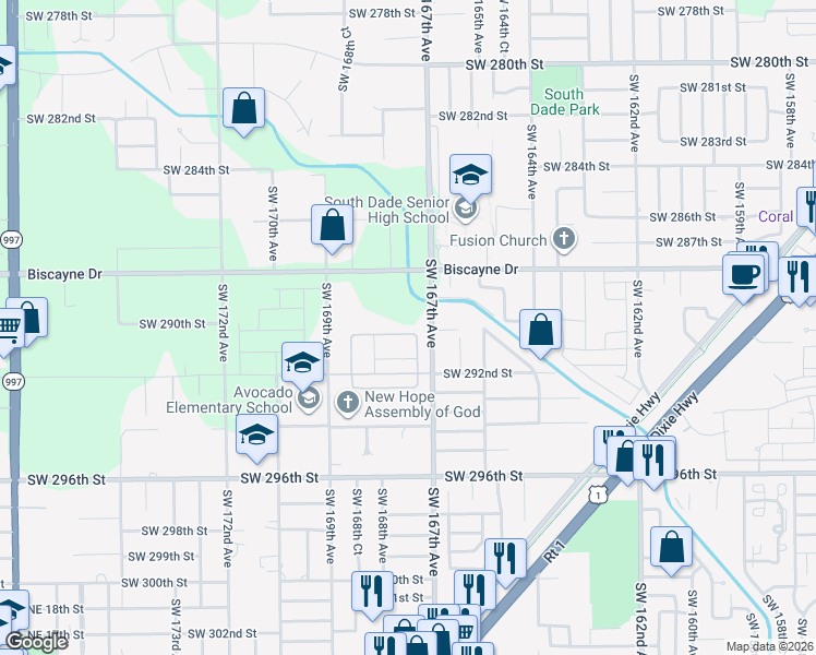 map of restaurants, bars, coffee shops, grocery stores, and more near 29001 Southwest 167th Avenue in Homestead