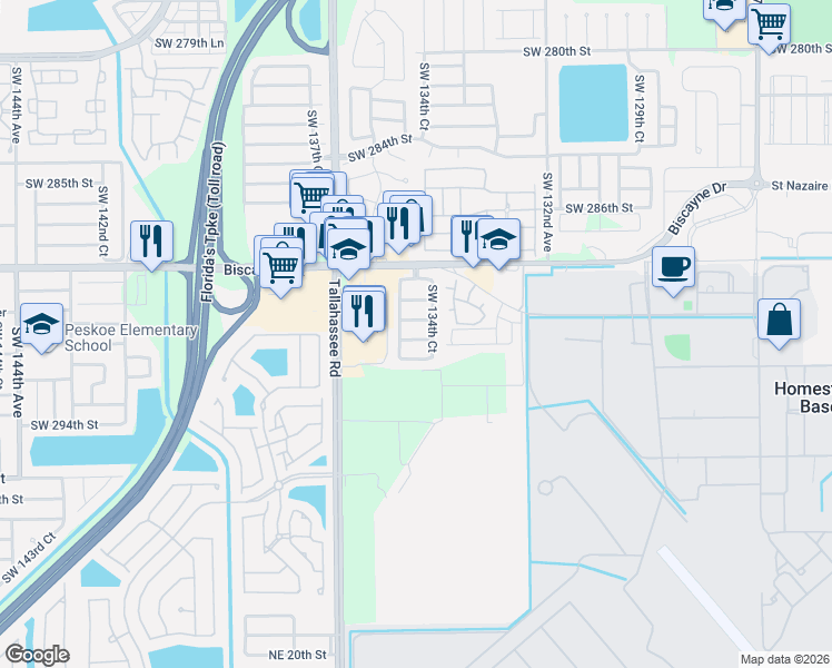 map of restaurants, bars, coffee shops, grocery stores, and more near 13448 Southwest 291st Street in Homestead
