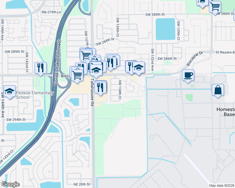 map of restaurants, bars, coffee shops, grocery stores, and more near 13448 Southwest 291st Street in Homestead