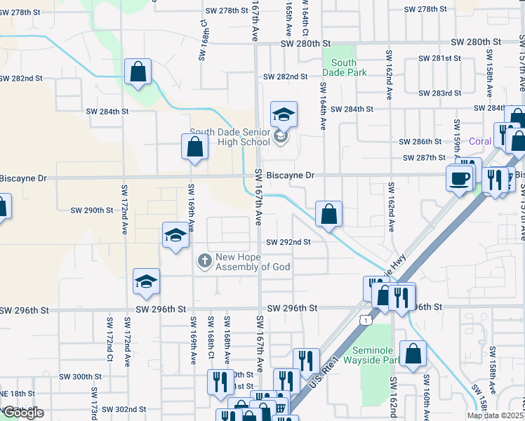 map of restaurants, bars, coffee shops, grocery stores, and more near 29001 Southwest 167th Avenue in Homestead
